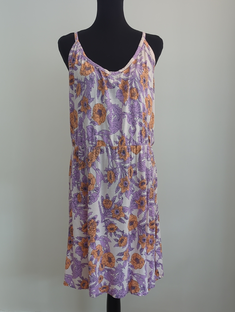 H&M Purple & Orange Floral Scoop Neck Blouson Jersey Midi Sundress LARGE